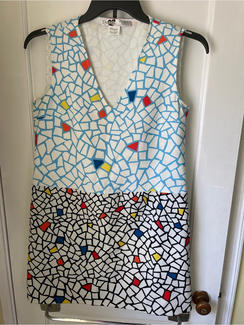 Desigual White Mosaic V-Neck Shift Dress with Blue and Red Accents